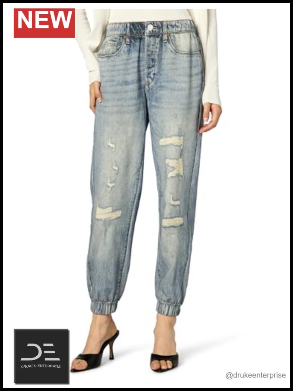 French Terry Distressed Printed Denim Jogger High Rise Loose Fit Pants